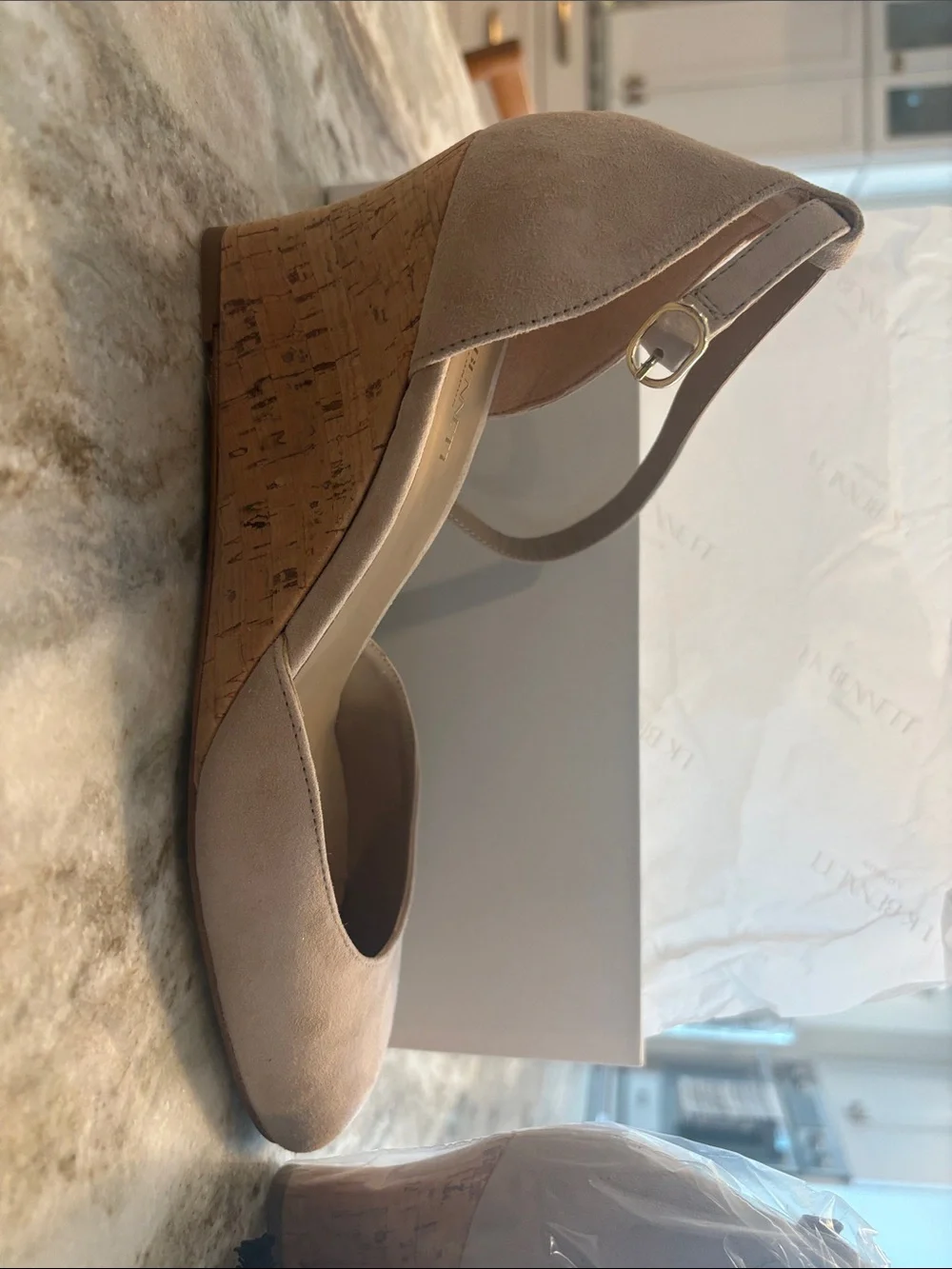 LK Bennett Beige Nude Suede Ankle-Strap Cork Wedges